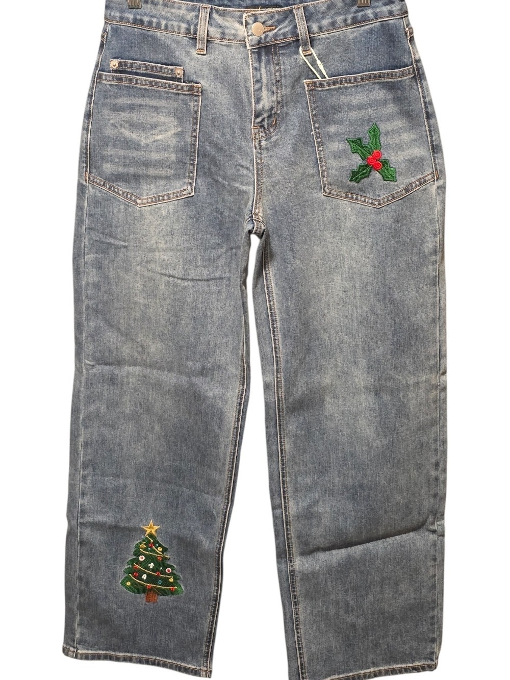 Women’s Gray Boot Cut Jeans with Holiday Embroidery